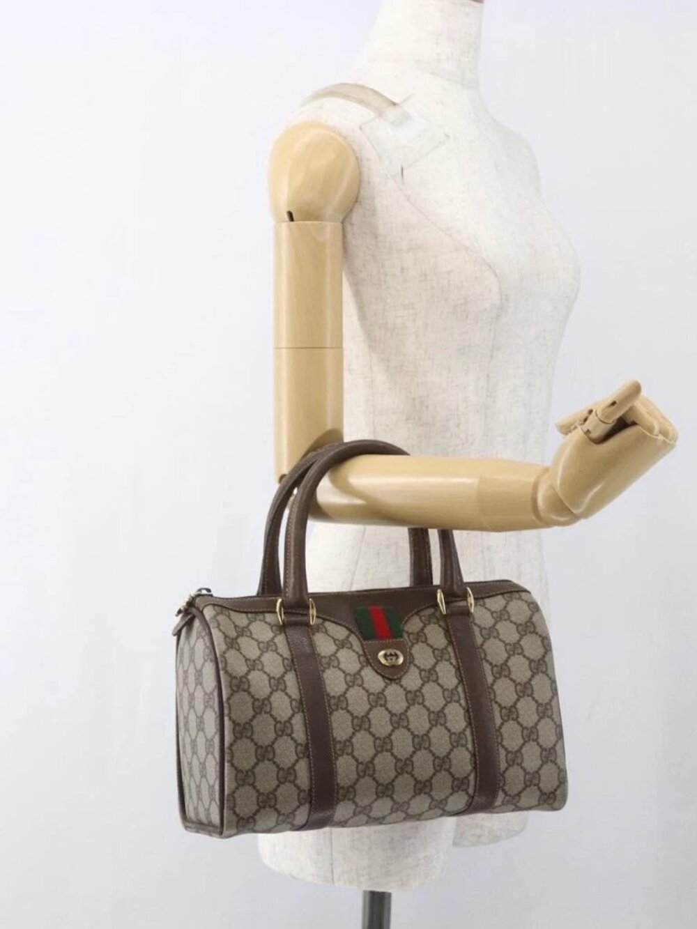 GUCCI GG Supreme Web Sherry Line Bag PVC Beige Gold